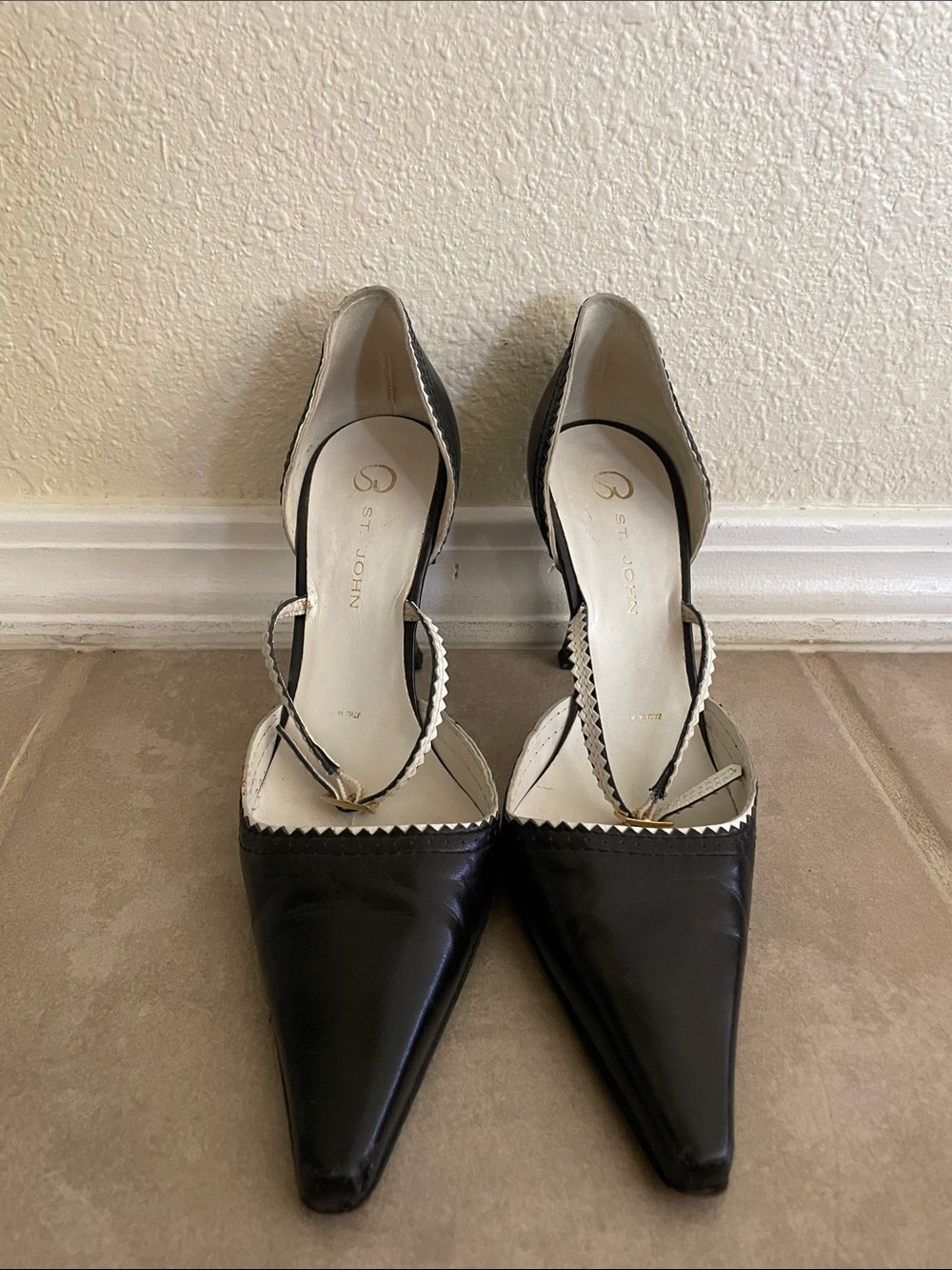 St. John Black and White Pointed D'Orsay Heels with Ankle Strap